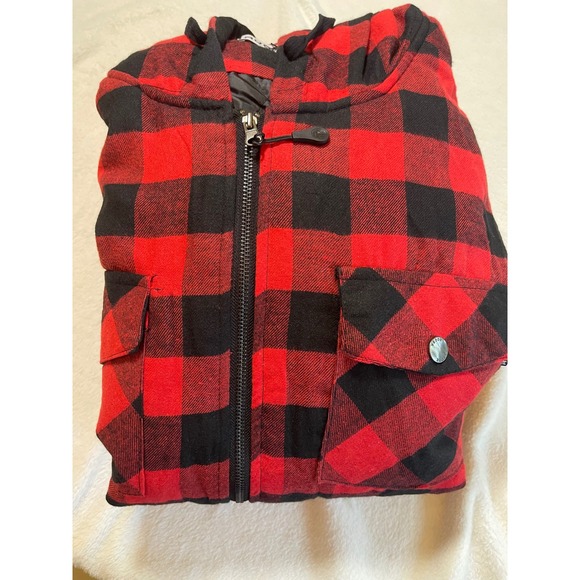 RQQBA Mens XXL Red Black Buffalo Plaid Hooded Full Zip Flannel Shirt Jacket - Picture 10 of 10